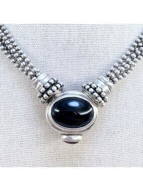 Joseph Esposito Black Onyx Amber Beaded Sterling Silver 925 Necklace 18.5"